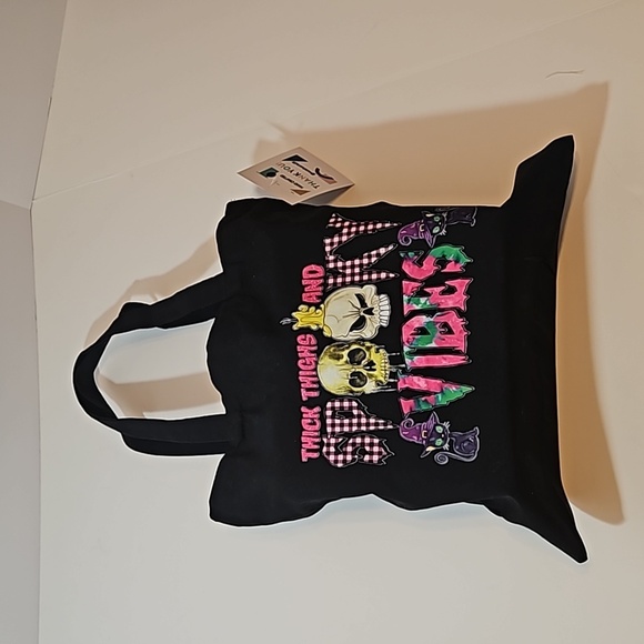 Skull Tote Bag Halloween Goth Reusable Cotton Canvas Purse - Picture 1 of 17